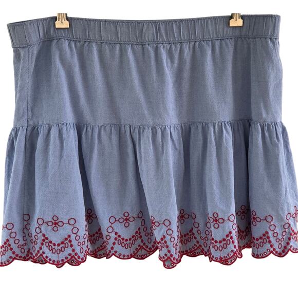 Vineyard Vines Chambray Flounce Skirt sz L Red Eyelet Scallop Hem Coastal Preppy - Picture 7 of 7